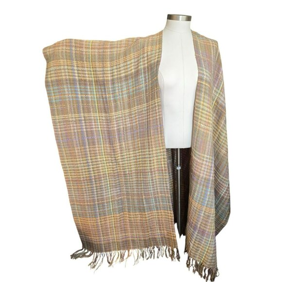 Laise Adzer Handwoven Plaid Cape Shawl Pastel Tan Multicolor Ribbon CM2057 - Picture 1 of 11